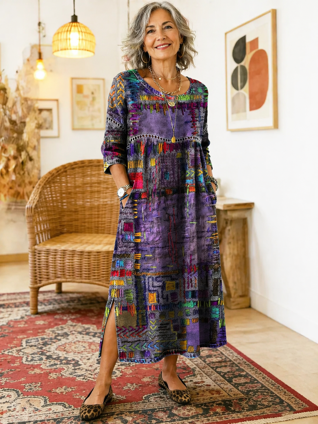 Manuela | Vestido Denim con Patchwork Étnico
