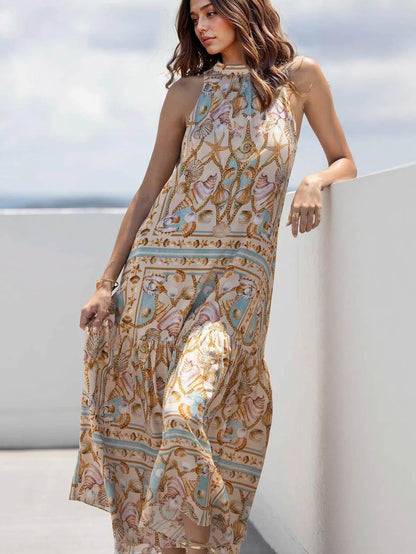 Elegante Vestido Maxi de Satén con Estampado Oceánico