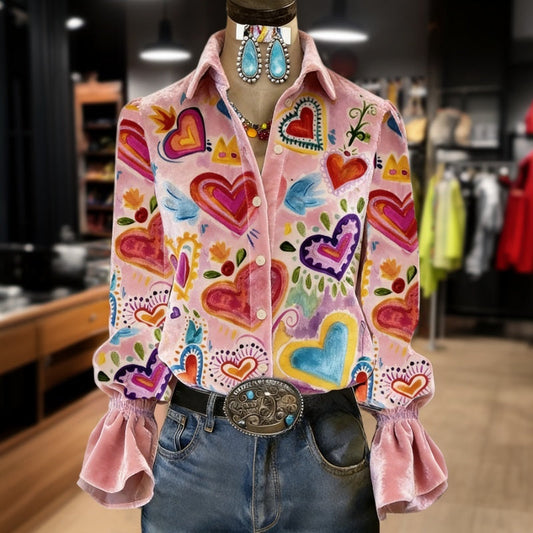 Blusa Vintage con Estampado de Corazón