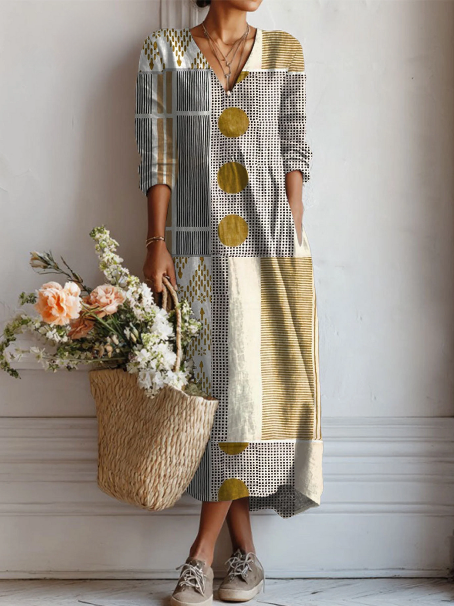Vestido Túnica de Lino con Diseño Abstracto Geométrico Vintage para Mujeres