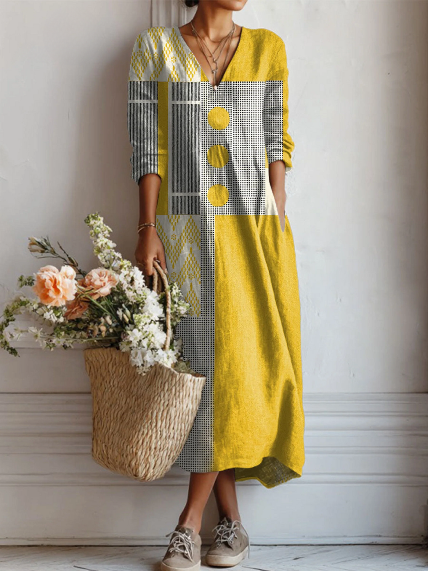 Vestido Túnica de Lino con Estampado Geométrico Vintage para Ella