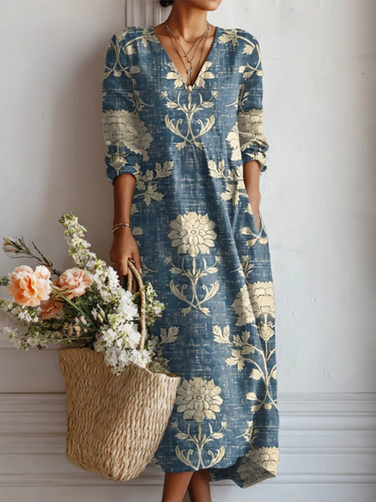 Elegante Vestido de Algodón y Lino con Estampado Floral Vintage para Mujer
