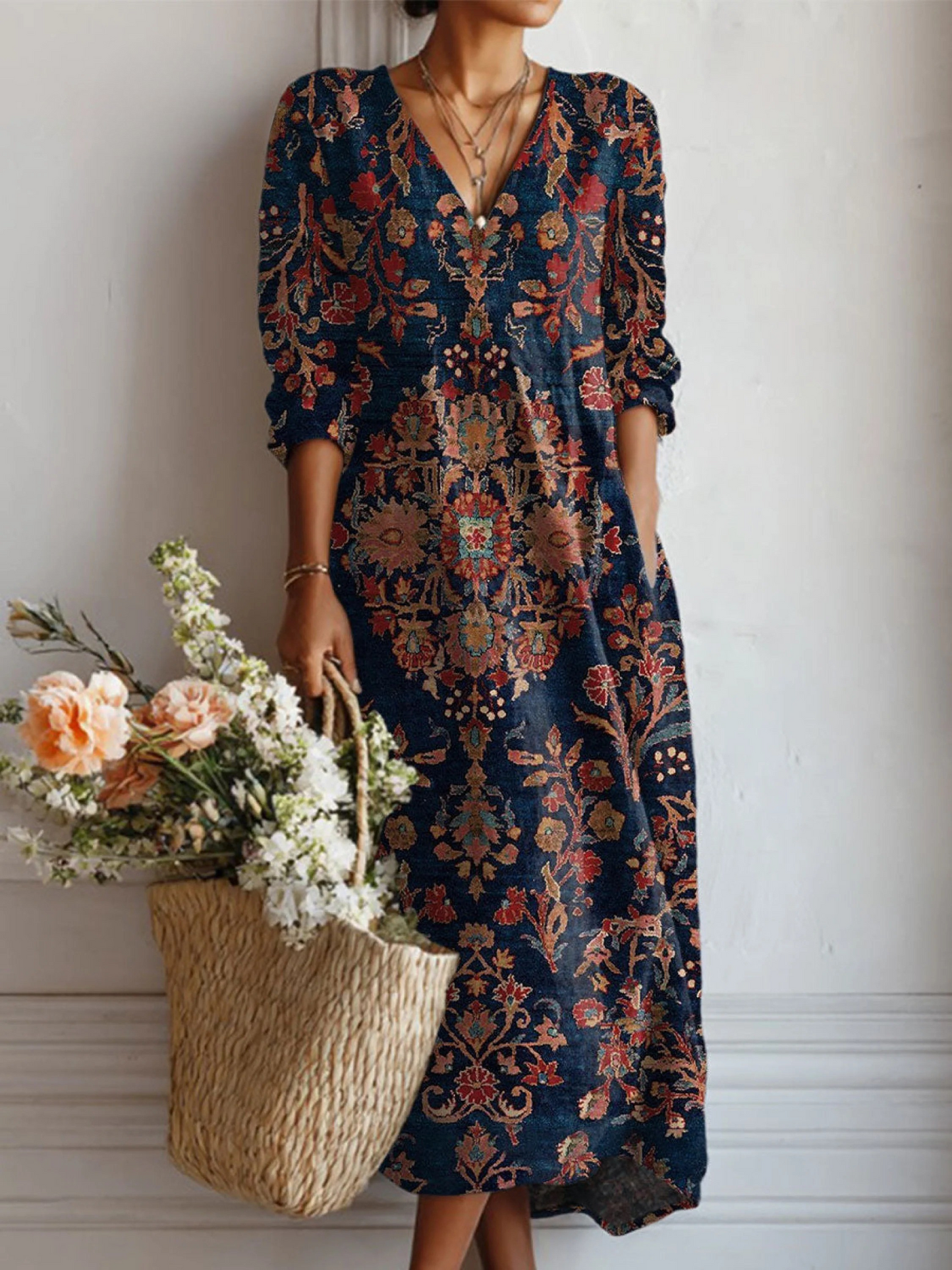 Vestido Túnica de Lino con Estampado Floral Vintage para Mujer