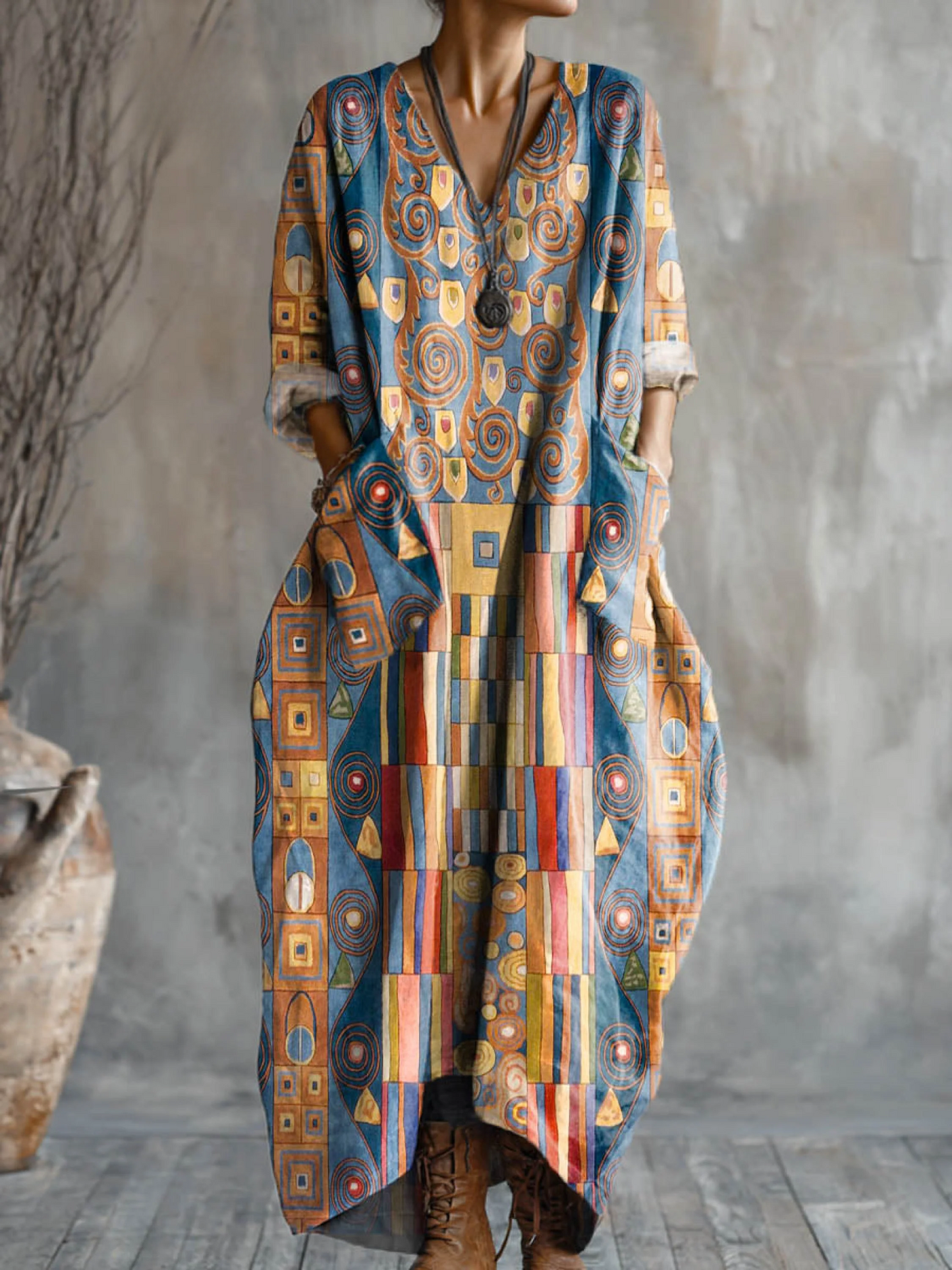 Vestido de Algodón con Diseño Geométrico Abstracto y Escote en V para Mujer