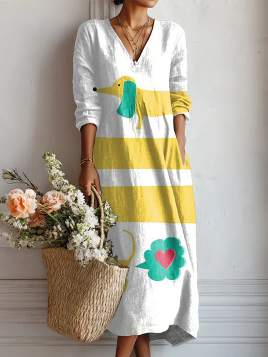 Vestido Vintage de Lino con Estampado de Perro Salchicha para Mujeres