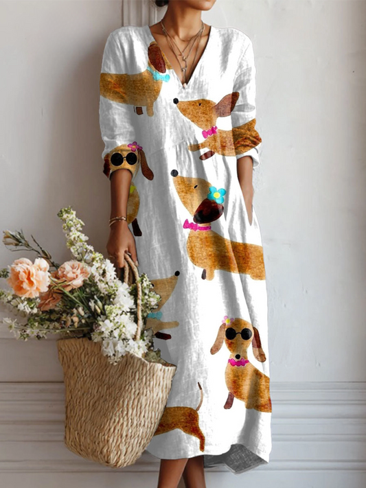 Elegante Vestido de Lino con Estampado Vintage de Perro Salchicha para Mujeres