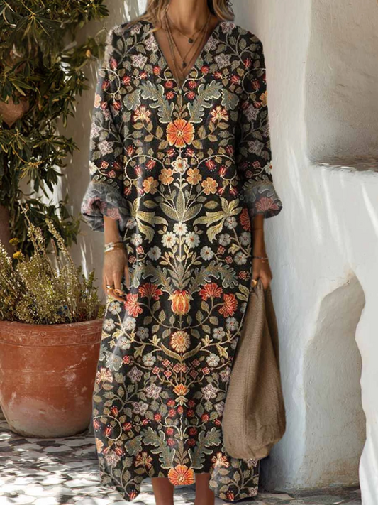 Elegante Vestido de Algodón con Estampado Floral Vintage para Mujeres