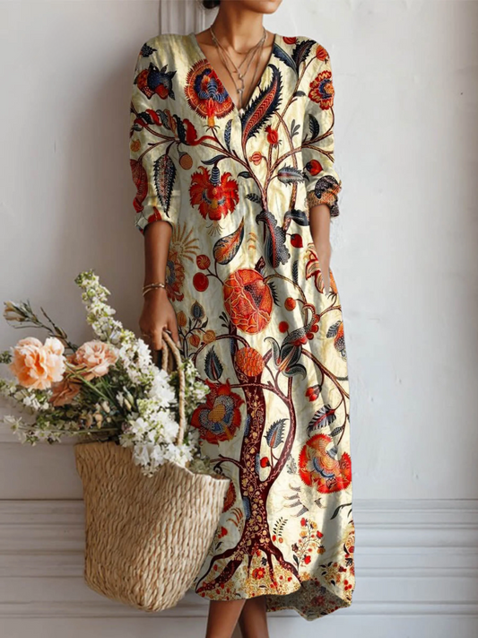 Vestido Floral Vintage de Algodón y Lino para Mujer