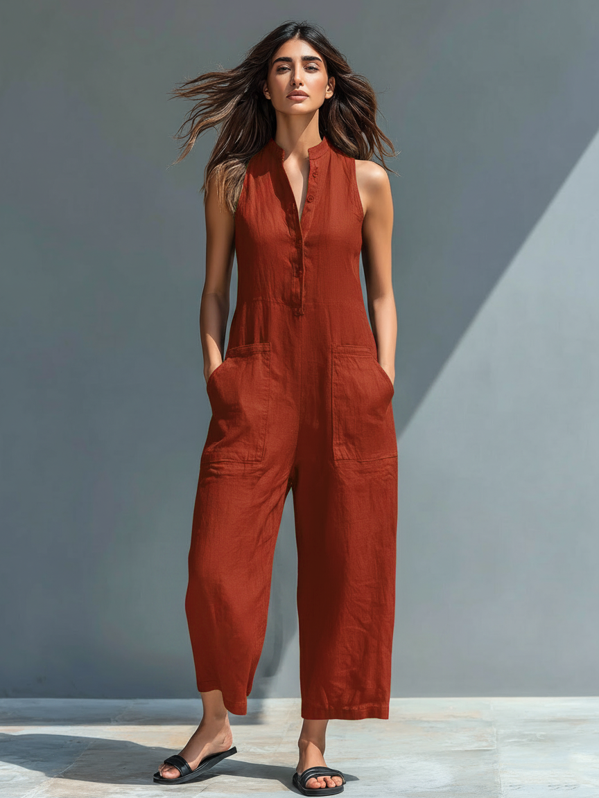 Mono holgado sin mangas con cuello alto y botones, de estilo minimalista, para mujer, de mezcla de lino