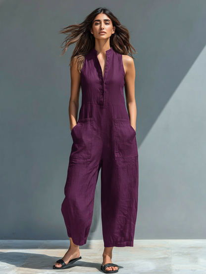 Mono holgado sin mangas con cuello alto y botones, de estilo minimalista, para mujer, de mezcla de lino