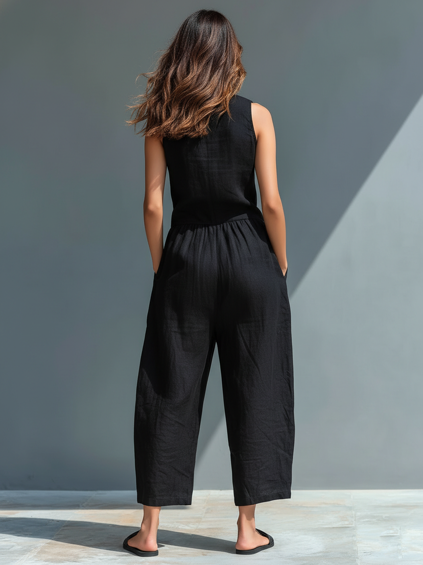 Mono holgado sin mangas con cuello alto y botones, de estilo minimalista, para mujer, de mezcla de lino