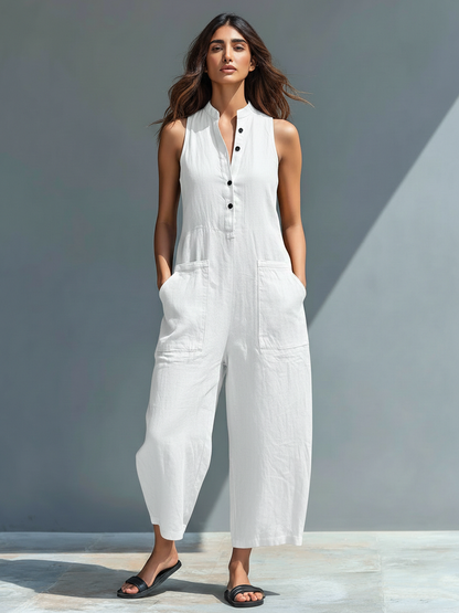 Mono holgado sin mangas con cuello alto y botones, de estilo minimalista, para mujer, de mezcla de lino