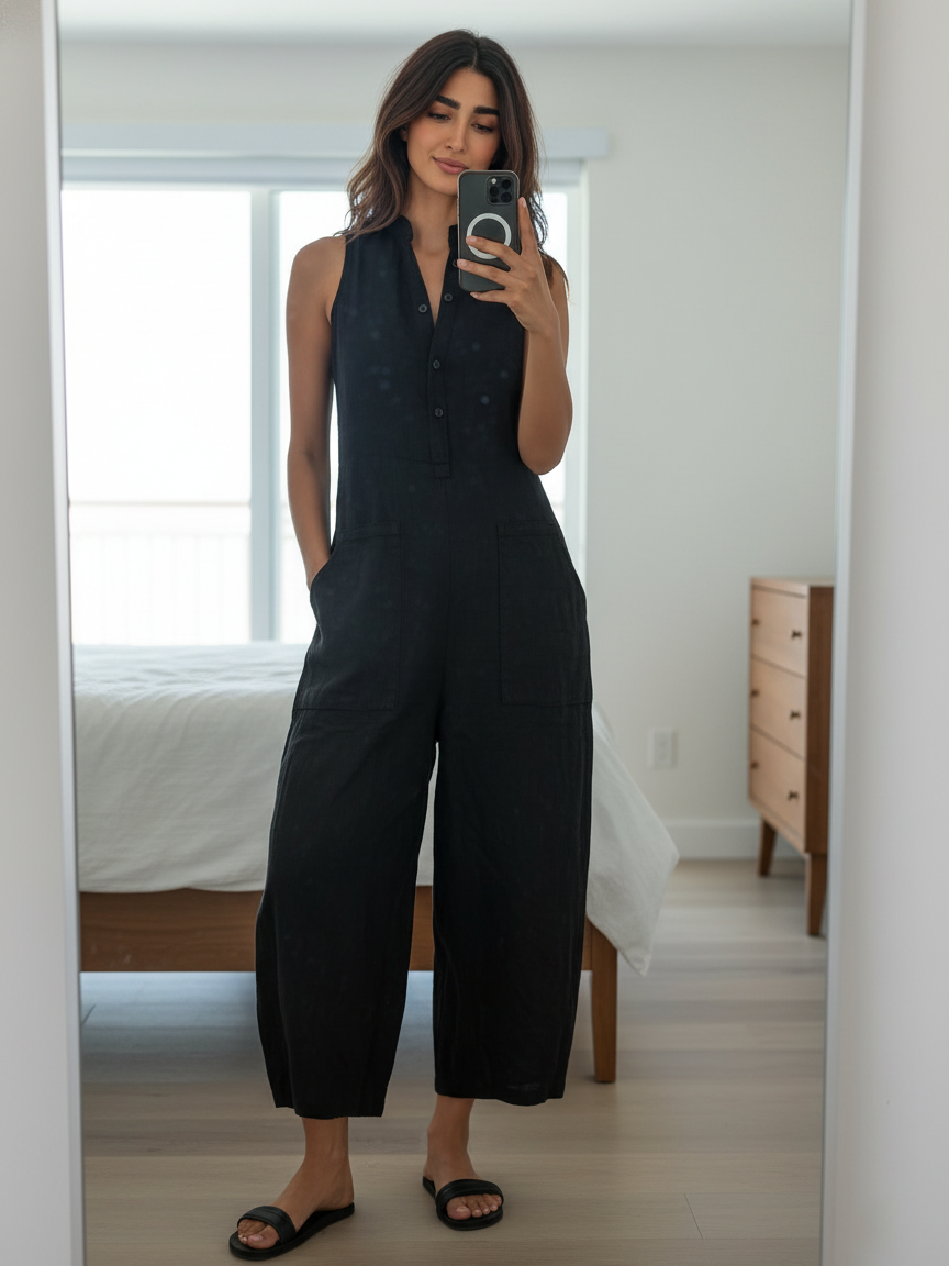 Mono holgado sin mangas con cuello alto y botones, de estilo minimalista, para mujer, de mezcla de lino