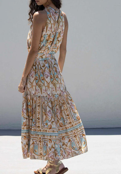 Elegante Vestido Maxi de Satén con Estampado Oceánico