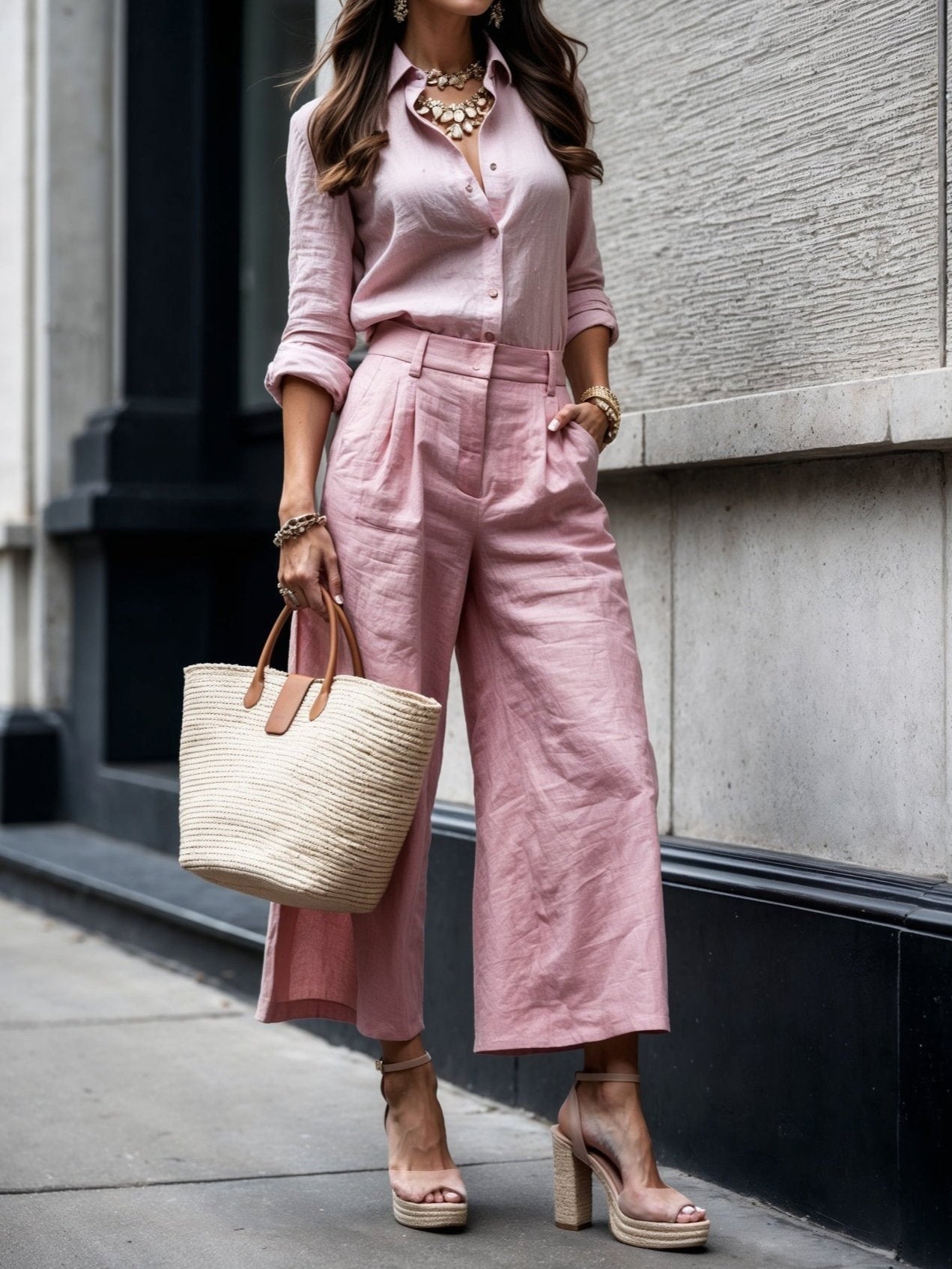 Adela – Conjunto rosa de lino relajado