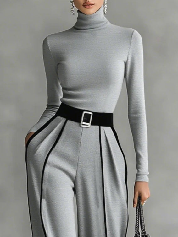 Conjunto Elegante de Top de Cuello Alto y Pantalones de Pierna Ancha