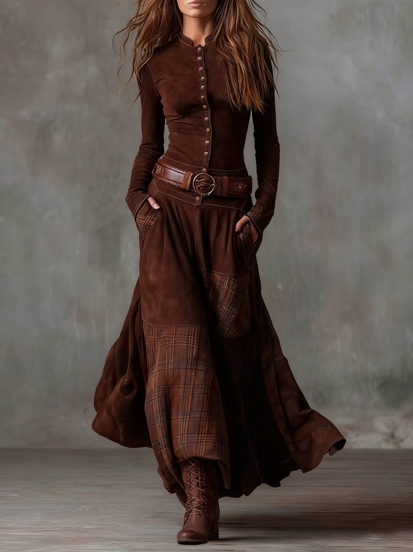 Leonora | Vestido largo vintage en ante a cuadros azul marino (Incluye Cintura)