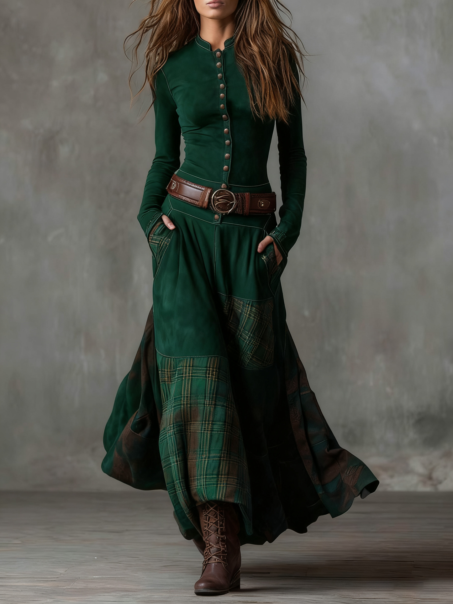 Leonora | Vestido largo vintage en ante a cuadros azul marino (Incluye Cintura)