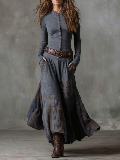 Leonora | Vestido largo vintage en ante a cuadros azul marino (Incluye Cintura)