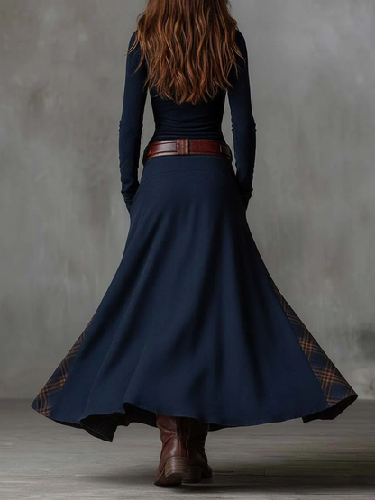 Leonora | Vestido largo vintage de ante a cuadros azul marino (Incluye Cintura)