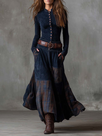 Leonora | Vestido largo vintage en ante a cuadros azul marino (Incluye Cintura)