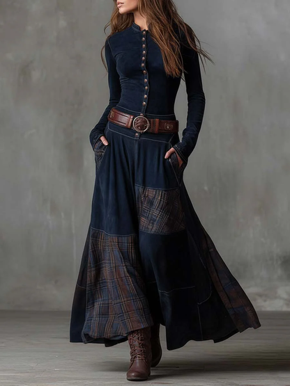 Leonora | Vestido largo vintage en ante a cuadros azul marino (Incluye Cintura)