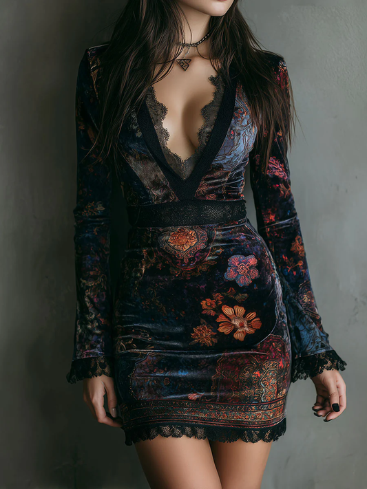 Vestido Mini Slim-fit de Terciopelo con Encaje y Estampado Floral