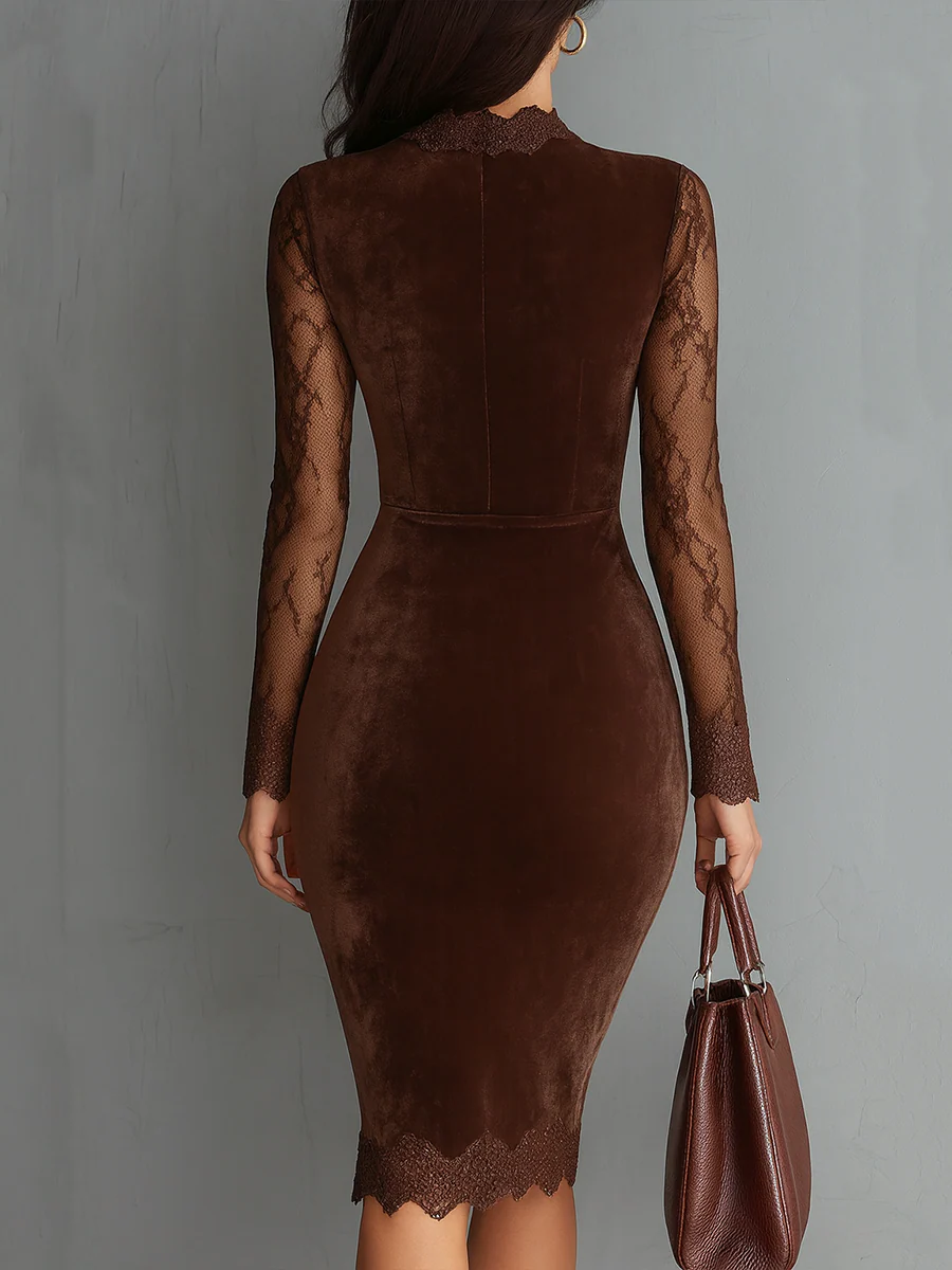 Vestido Mini de Terciopelo con Cuello Vintage y Mangas de Encaje Marrón