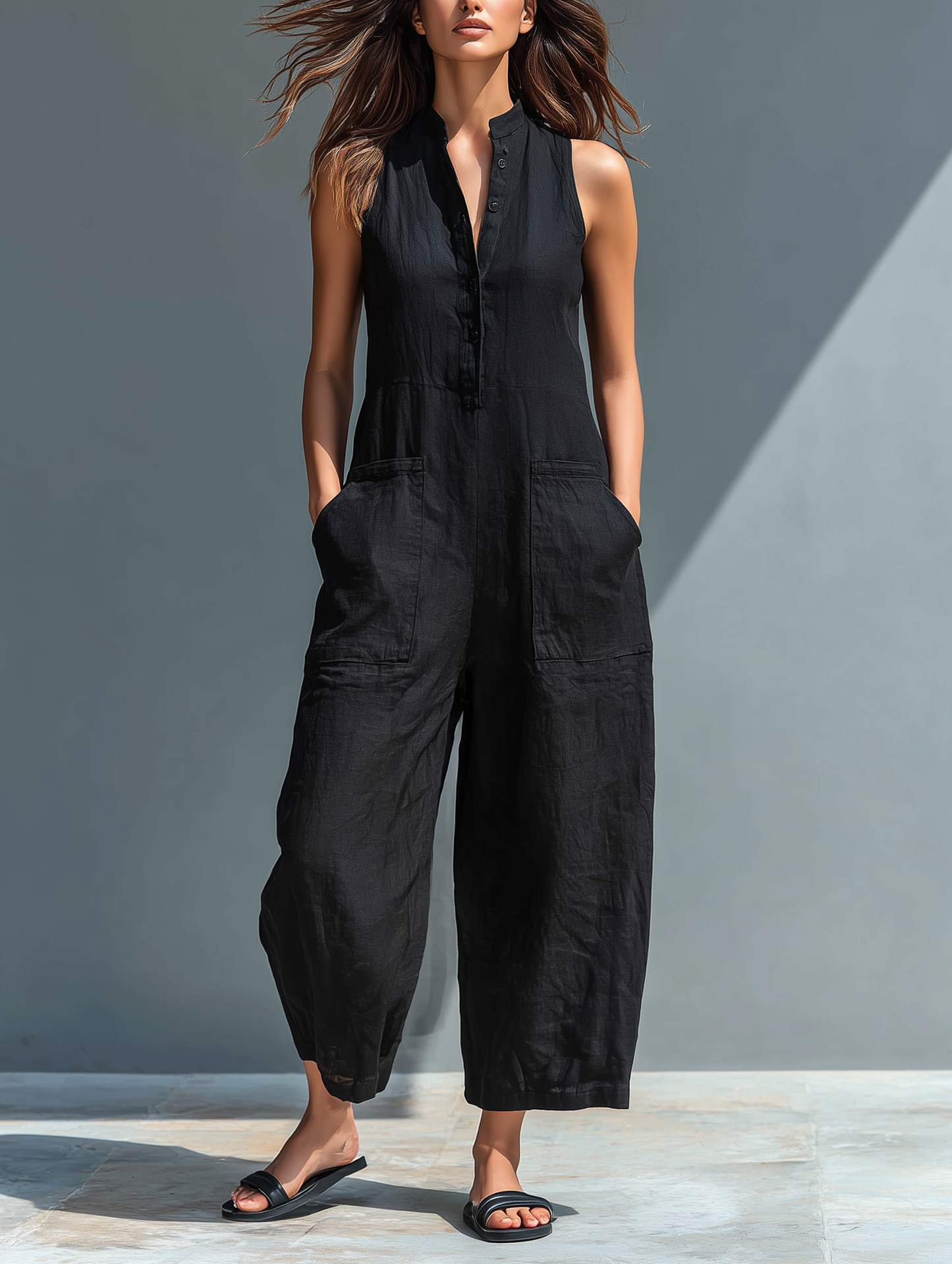 Mono holgado sin mangas con cuello alto y botones, de estilo minimalista, para mujer, de mezcla de lino