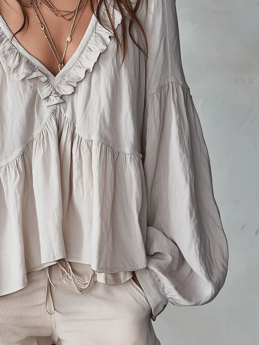 Camisa Casual de Algodón y Lino Retro con Volantes en Color Sólido para Mujeres