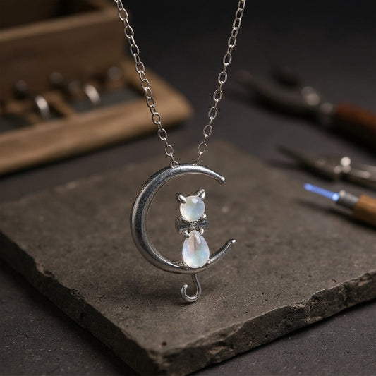 Collar Elegante con Piedra Lunar y Gatito