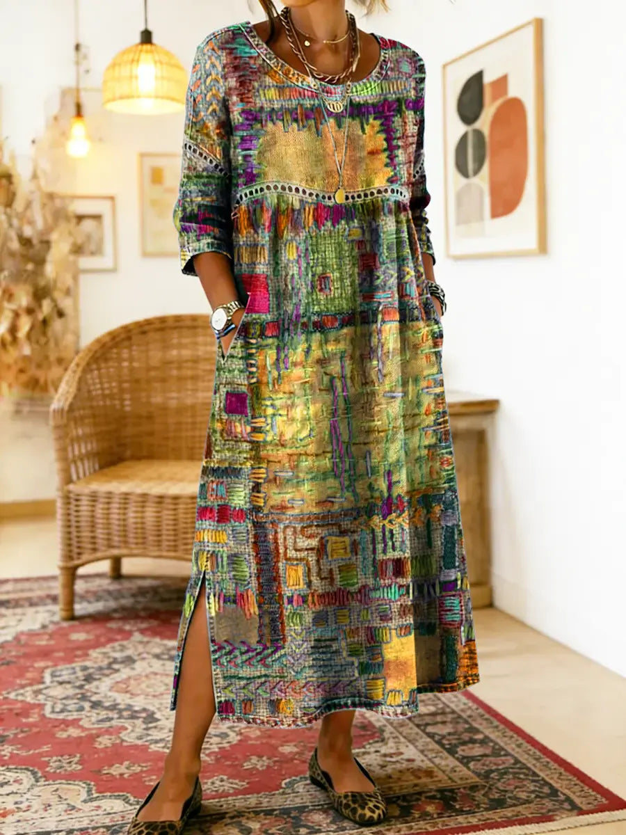 Mariana | Vestido Denim con Patchwork Étnico