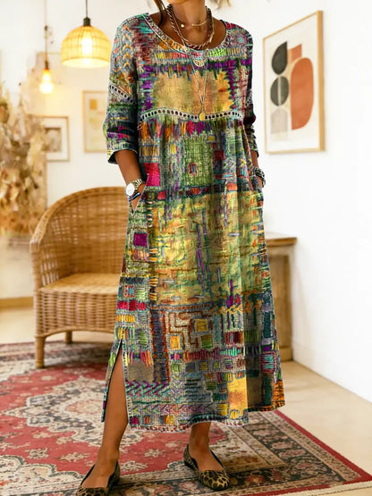 Manuela | Vestido Denim con Patchwork Étnico