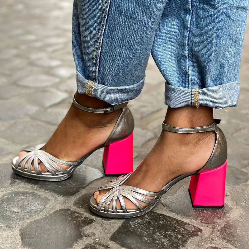 Sandalias Brillantes con Tacón Grueso y Hebilla Elegante