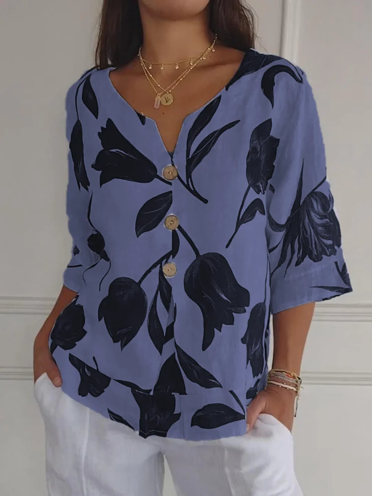 Diario Blusa Floral con Botones Elegante
