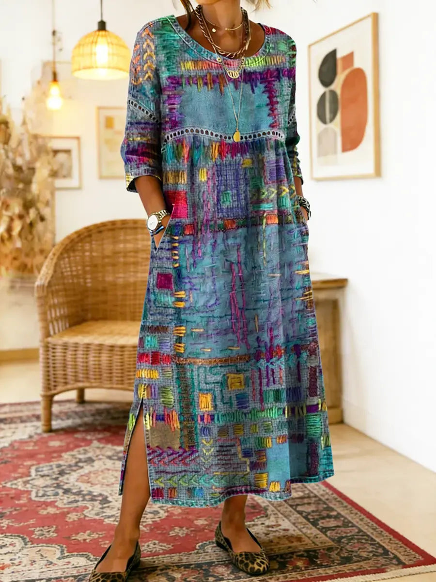 Mariana | Vestido Denim con Patchwork Étnico