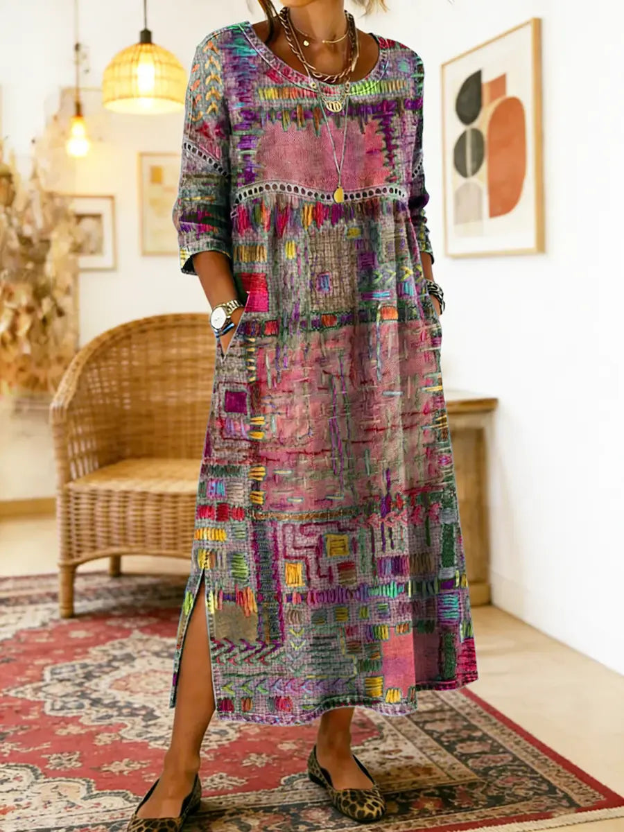 Manuela | Vestido Denim con Patchwork Étnico