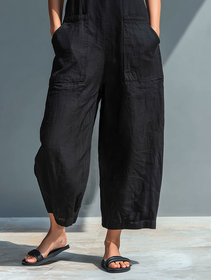 Mono holgado sin mangas con cuello alto y botones, de estilo minimalista, para mujer, de mezcla de lino