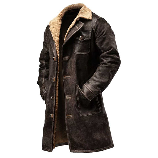 Elegante Chaqueta de Cuero Suede Marrón Oscuro con Forro de Piel Sintética para Hombre