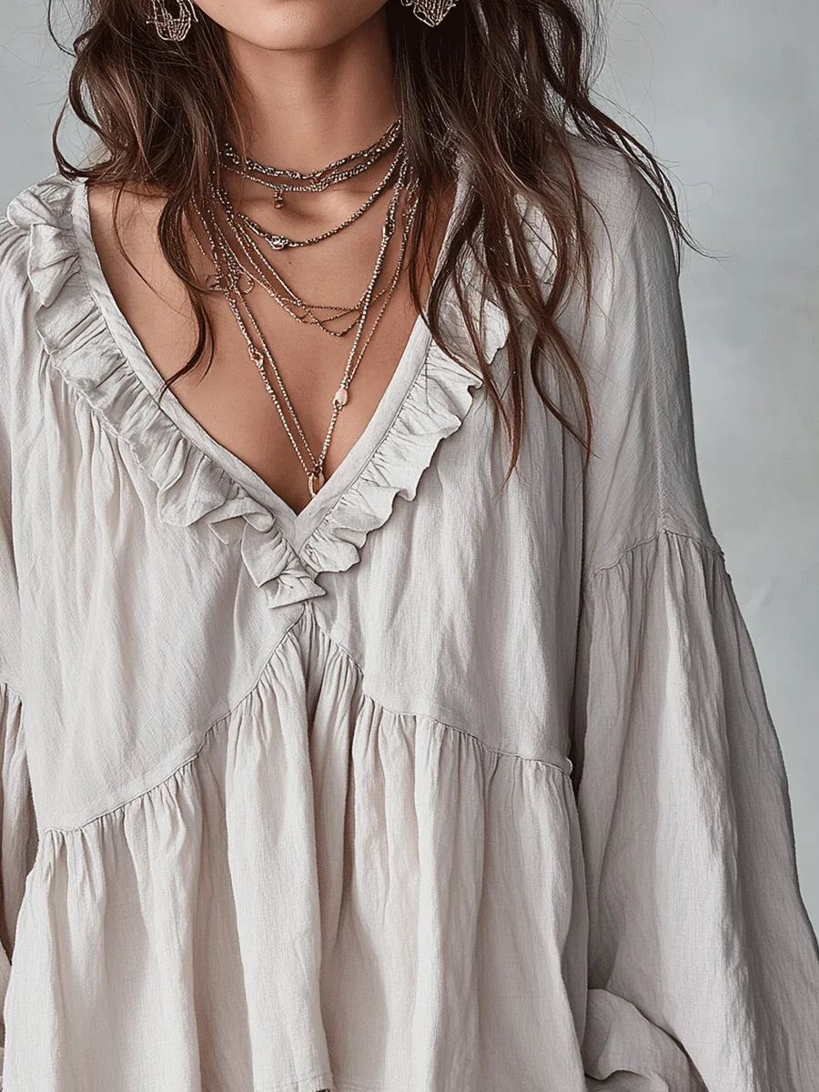 Camisa Casual de Algodón y Lino Retro con Volantes en Color Sólido para Mujeres