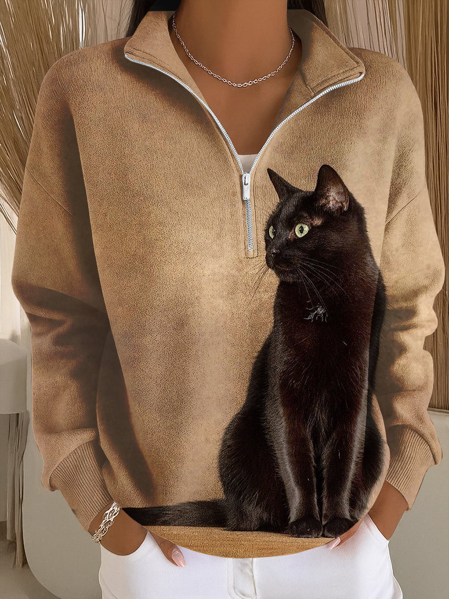Elena – Sudadera Casual con Cremallera y Arte de Gato para Mujeres