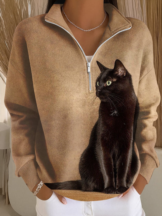Elena – Sudadera Casual con Cremallera y Arte de Gato para Mujeres