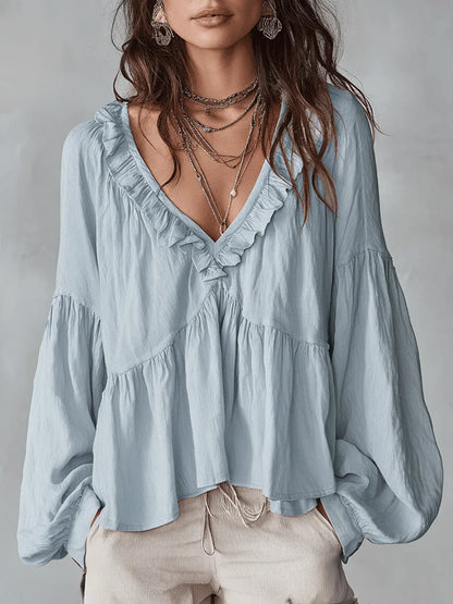 Camisa Casual de Algodón y Lino Retro con Volantes en Color Sólido para Mujeres