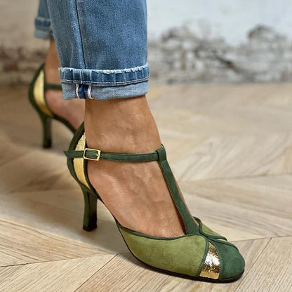 Zapatos de Tacón Patchwork con Tira T y Punta Cerrada
