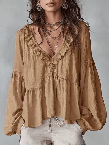 Camisa Casual de Algodón y Lino Retro con Volantes en Color Sólido para Mujeres
