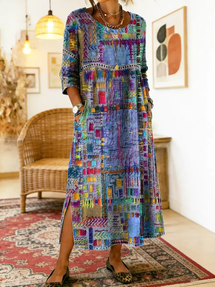Mariana | Vestido Denim con Patchwork Étnico