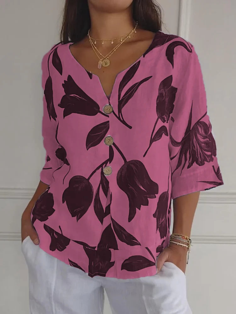 Diario Blusa Floral con Botones Elegante