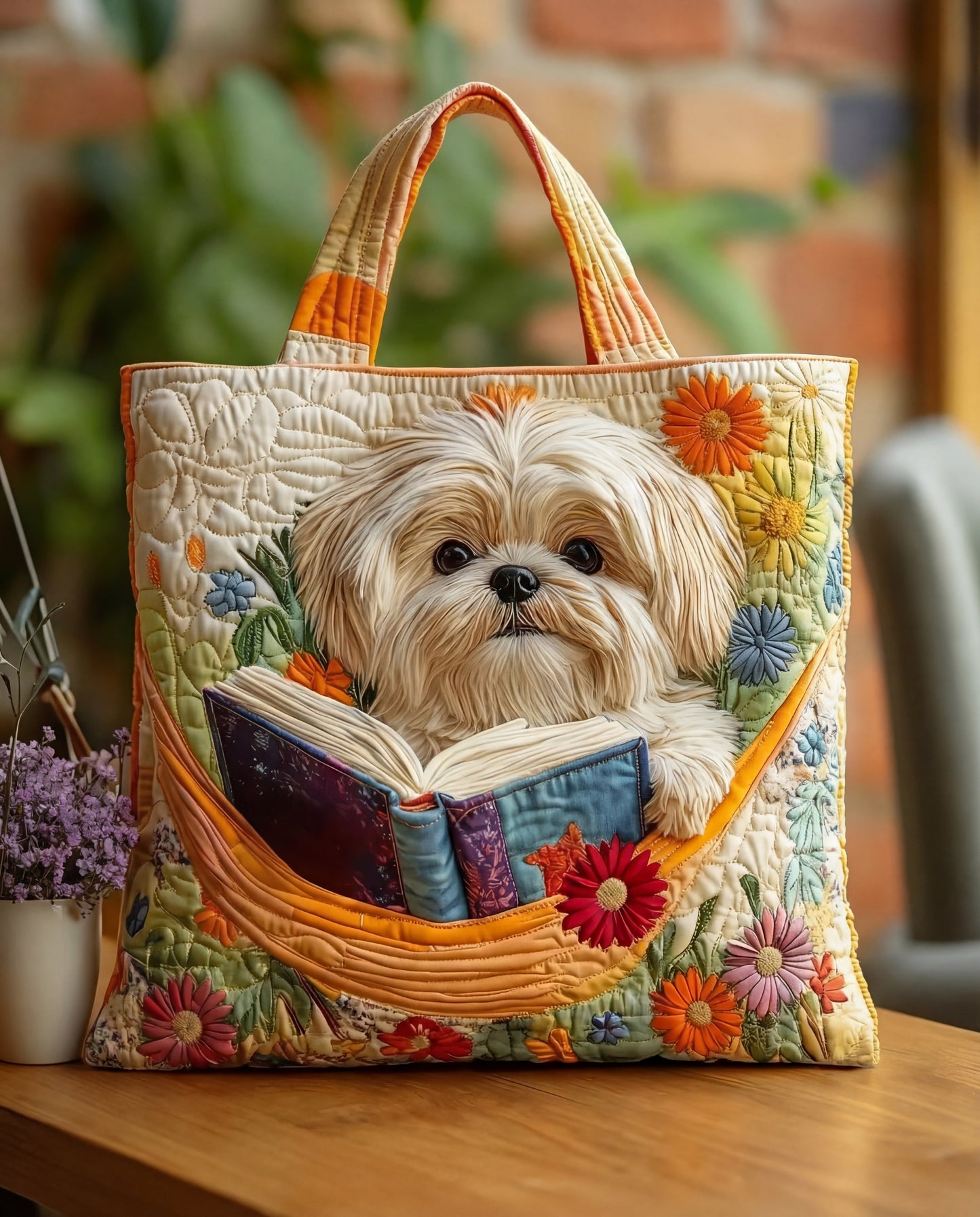 Bolso artesanal bordado Shih Tzu con libro y flores