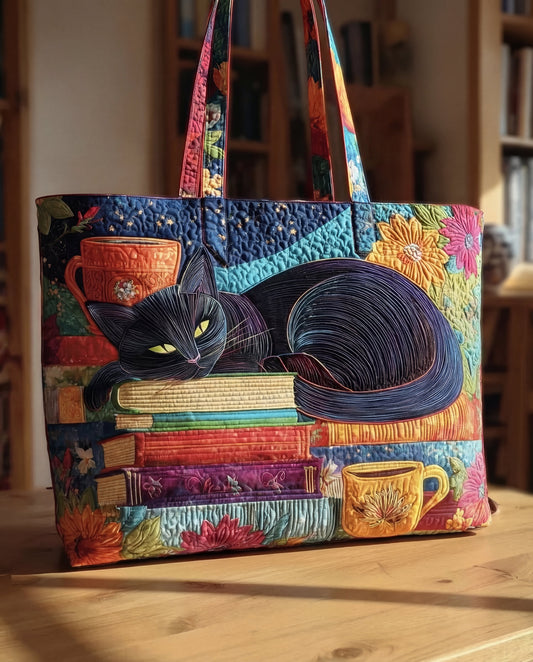 Bolso Artesanal Gato Negro con Libros y Tazas