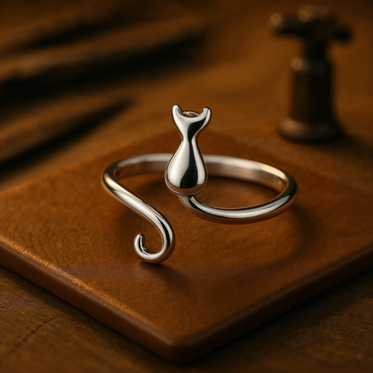 Anillo de acero inoxidable con diseño de gato en sombra